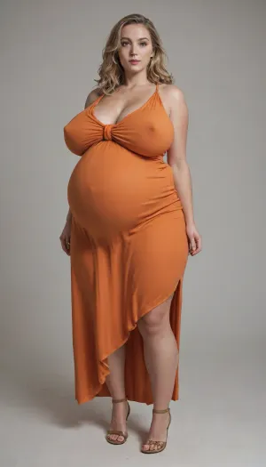 tall curvy pear shaped Barbara Bain type woman, huge chested saggy brests, huge long puffy erect nipples, thick thighs, big hips, (very huge pregnant belly), wearing a orange satin maxi dress, full body image