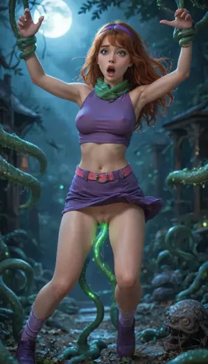 Daphne Blake, 18 years old, Scooby-Doo series, shoulder-length red hair, black eyes, almond-shape eyes, red lipstick, shocked face, mouth opened, screaming, skin imperfections, very slender, tight purple top, covered pointing nipples, midriff exposed, pink belt, purple skirt, purple shoes, purple headband, green scarf, (barely standing on one foot, body leaning, girl loses her balance, falling), thighs spread, shaved pussy, many man thick green glowing tentacles, ((all tentacles are gooey green glowing tentacles)), (all tentacles are exaggerated thick), tentacles wrapped around arms, tentacles wrapped around legs, tentacles wrapped around waist, tentacle is lifting skirt, massive thick tentacle penetrating vagina, deep vaginal insertion, squirt dripping massively, in haunted garden, creepy mansion behind, at night, tentacles, 4ng3l, face, <lora:detailed_notrigger:.8>, <lora:MS_Real_XL_Tentacles:1.1>, <lora:Glowing_beach:.8>, <lora:SDXL_BetterFaces-LoRA_v1:.8>, <lora:add-detail-xl:.8>