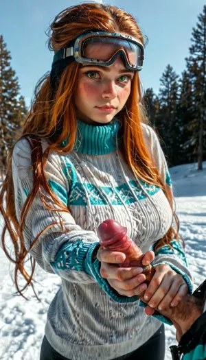she is Looking off to the side at cucked boyfriend while holding a big white cock too big to hold in one hand, bully standing out in front of her as she reaches out to touch his cock, reaching hand out, reaching hand away, (hand job:1.8), reaching out and away, bully has a huge long and thick cock, very thick cock, very long cock, hard erect cock. Her head turned to the side, look of pity in eyes, expressing pity, hand holding thick cock, fingers wrapped around cock, handjob, hand job. Snowboarder, snow goggles, cute snow girl, athletic, athletically cute snow girl, snow skiing, snowboarding, modest, casual, innocent, lovely, very disappointed, extreme pity, slightly sad, pouting expression, extreme pouting., Natural breasts, naturally perky breasts, clothes breasts, covered breasts, nonexposed breasts, Massive breasts, squishy breasts, breasts to big to hide, tight clothes straining against huge boobs, turtleneck sweater, ski clothes, tight strained clothes, tight oversized clothes, loose clothing, bulky clothing, modest neckline, breasts to big for tight clothing. Small sister, tiny sister, skinny sister, shorter sister, cute sister, freckled sister, freckles, prominent freckles, freckled face, freckles cheeks, rosey cheeks. Ginger blonde hair, straight hair, flat hair, long hair, very long hair, waist length hair, natural ginger, makeupless, natural beauty, cute face, adorable, detailed face, gorgeous face, detailed eyes, colorful eyes, green eyes, gorgeous eyes. Detailed, very detailed, high quality details, perfect hands, perfectly detailed. Side view, view from side, head turned to the side, head turned to look at viewer, watching from side, cuck, cucked view, pitiful boyfriend off to the side . score_10_up, score_9_up, score_8_up, score_7_up, ., <lora:eGirls_XL_v1:2>, <lora:add-detail-xl:2>, <lora:Adjust_SDXL_v3.0:2>, <lora:detailed_notrigger:2>, <lora:MJ52:2>
