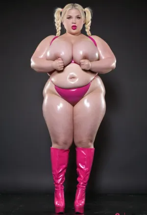 ((Full Body pic)), ((very chubby and tall)), 18 yo, bimbo slut, chubby tall body, mini bikini top, bare tits, nude tits, white blonde hair, pigtails, (detailed chubby face), (plump lips), (strong curvy legs), heavy bimbo makeup, ((bimbo makeup, intense saturated glossy magenta lipstick)), high heels boots, magenta latex tong, ((silly face)), black latex gloves, black background, chubby, face, big, lips, dynamic pose, <lora:Beautify-Supermodel-SDXL:.3>, <lora:runga_8.1-000002:.8>