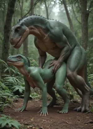 nude woman with tribal body paint and pierced nipples on her hands and knees, side view immersed in pleasure with a slutty expression, standing doggystyle, while a tricerotops mounts her ass from behind and fucks her pussy relentlessly with his thick dinosaur dick. Feral creature, interspecies, realistic dinosaur, raptor, feral male, lizard dick, cum dripping, orgasming female, furry female, blue fured female, green skin male, space adventurer, tribal girl, jungle setting, monster sex, balls deep