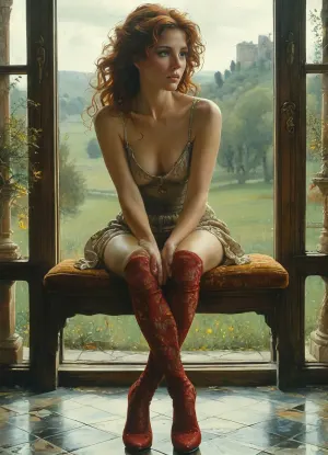 woman, 50 years old, (small body size:1.3), full body, Jean, Delville, style, of, Michael, Cheval, (onoff), (sit, on, seat, spread, legs:1.3), <lora:tbh140-sdxl:.6>, <lora:tbh129-sdxl:.8>