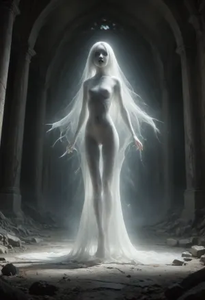 A vast, abandoned baroque palace with towering cracked columns. Peeling frescoes and soot-stained ceilings loom overhead. a lone figure emerging from the shadows. A ghost, standing suspended 50cm above the ground, pale girl, ((18yo, white painted skin, unnatural white skin, unnatural fully black eyes, black lips)), gracefully curved body, extreme long white hair, extremely long hair to the ground, slender body, full nude, very short body, small hips, small butt, flat chest, fully nude. pov fuck her deep, balls deep penetration by pov close-up, pov view close-up, standing sex. High-contrast chiaroscuro—cold moonlight slashes through broken stained glass, casting sharp shadows that amplify her ethereal presence. Dust motes swirl in the beams. Slight Dutch angle, full-body portrait as she vanishes into deeper shadows. mentixis, metix, ais-ghostly, misty, ghost, floating, <lora:mentixis:2>, <lora:Ghostly_Style_SDXL:2>, <lora:PAseer-SDXL-MistyGhost:2>