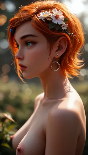 ziprealism, 28 year old nymph, (avant-garde fashion esthetic, professional portrait, shot in profile), (f/2.8, f2.8, f28, (shallow depth of field), , , soft bokeh, closeup, focus on eyes:1.4), (orange hair with dark roots, short hair, swept-back hairstyle, flowers in hair), fat, chubby, overweight, (catchlights, limbal rings, large expressive eyes, stunning green eyes, long delicate eyelashes, perfect eyes), (full lips, soft lips, soft facial features), (white waterline eyeliner, doe-eye makeup), (adoration, loving gaze, in love), (flawless porcelain skin), igbaddie, topless, sagging bombshell breasts, (/Ben10), /, (ultra, HD, quality, details), (green, eyes), gwen, tennyson, bright, orange, hair, short, <lora:MJ52:.8>, <lora:igbaddie-XL:.4>, <lora:Gwen Tennyson (Ben10) - XL SCXL V1.0:.8>