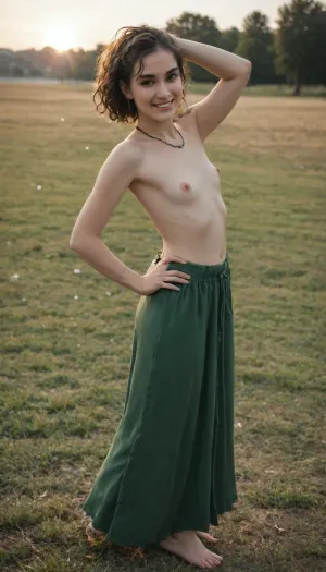 hippie cutie festival woman, 21 years old Irish, (pale white skin:1.3), short hair, curly hair, flat Chested, ghost nipples, pale nipples, skinny, petite, cutest round face, side view, top down from high, hippie cutie, wearing long green skirt, ((topless)), tits out, free, barefoot, arms out, dancing, big smile, sexy smile, chunky necklaces, earrings, outside in the sun, alone in a meadow, gasping, looking at viewer, mega, big, hair, pale, skin, Scene-Queen, Emo, Long, Hairstyle, Optional, Myspace, picture, Indian, girl, <lora:xl_mega_ponytail-1.0:.8>, <lora:pytorch_lora_weights:.8>, <lora:Pale_Skin_SDXL_v1.0:.8>