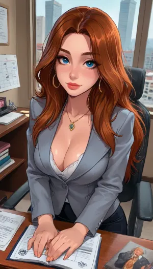 ((Melkor mancin:1), style), reiq style, masterpiece, ((1woman, 8k resolution, ultra-detailed, pale skin)), 1girl, (office background), long hair, view from above, tight secretary costume, very deep cleavage, fake big tits, SamDoesArts, <lora:LCMTurboMix_Euler_A_fix:1.1>, <lora:ratatatat74-000050:1.8>, <lora:mk_Bp Anime_xl:1.2>, <lora:焦茶_XL:2>, <lora:SDXLSamDoesArts:1.6>