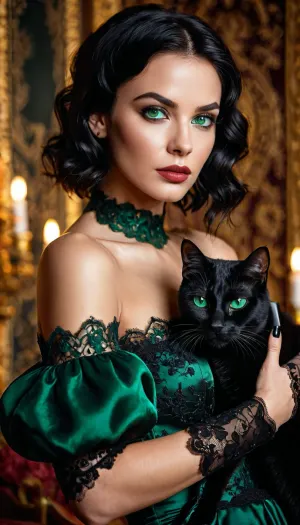 (masterpiece), (best quality), (extremely detailed CG Unity 8k wallpaper), ((photorealistic)), (cinematic lighting), (dark fantasy art), portrait of a beautiful woman with, ((short black tousled hair)), (emerald green eyes), full lips, piercing gaze, dressed in a richly decorated black lace dress with open shoulders and long black gloves, posing with a sleek huge black cat with bright yellow eyes, against the backdrop of a rich tapestry with intricate details, a gloomy atmosphere, subtle glow, voluminous light, and depth of field.дзвони