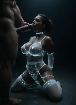 Create a hyper-realistic, highly detailed image of a confident hetero couple, A 25-year-old cock sucking Congolese nurse with closed eyes and, (ultra-dark skin:1.8), and a slender figure, She wears a glowing white nurse cap, elegant white glowing lingerie, (wearing futuristic neon bright white glowing lingerie:1.7), The lingerie consists of separate pieces, like a delicate white glowing bra and matching white glowing G-string, (adorned with intricate white glowing straps and bondage-inspired elements:1.5), (white glowing G-string:1.4), (white glowing coarse-mesh nylon stockings:1.5), (The bright white glowing fabric is silky and translucent:1.2), (glowing with vibrant neon light:1.5), highlighting the skin beneath. The woman exudes strength and confidence, with a commanding presence and a hint of aloofness. Complement the look with a chunky, futuristic white glowing choker and a coarse, white glowing fishnet pantyhose, adding an edgy, slightly provocative touch, (she is fucked roughly:1.6), by, (A kneeling handsome well-built man:1.6), (with his body covered in randomly splattered much glowing neon paint:1.5), (The glowing colors highlight his defined musculature and contours:1.2), The dark environment emphasizes the luminescent paint, making it stand out, (various sex positions:1.5), The scene is hyper-realistic, showcasing perfect anatomy, detailed hands, and facial expressions, all illuminated by the neon glow, (maximum detail), (super realistic photo:1.4), DonMSp3ctr4lXL, holotech, <lora:DonMSp3ctr4lXL-000008:1.6>, <lora:dark:.9>, <lora:detailed_notrigger:1.9>, <lora:Holotech:1.8>