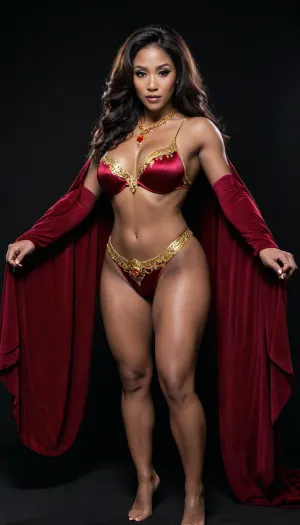 velvet sultry healer cosplay, (muscular milf), (dark skin asian), smirking, jewelry, velvet cape, loose sleeves, eye shadow, at the dark dance studio, long wavey hair, thick hips, (view from side), black lighting, black background, vibrant, radiant, high fantasy