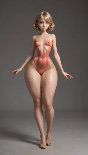 tall curvy pear shaped type woman, (small flat chested perky breasts:1.2), (huge long puffy erect nipples:1.4), (thick thighs:1.4), big hips, (tiny waist:1.4), full body image