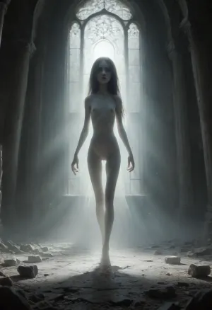 A vast, abandoned baroque palace with towering cracked columns. Peeling frescoes and soot-stained ceilings loom overhead. a lone figure emerging from the shadows. A ghost, standing suspended 50cm above the ground, pale girl, ((18yo, white painted skin, unnatural white skin, unnatural fully black eyes, black lips)), extreme long black hair, extremely long hair to the ground, slender body, full nude, very short body, small hips, small butt, flat chest, fully nude. High-contrast chiaroscuro—cold moonlight slashes through broken stained glass, casting sharp shadows that amplify her ethereal presence. Dust motes swirl in the beams., Slight Dutch angle, full-body portrait as she vanishes into deeper shadows., mentixis, metix, ais-ghostly, misty, ghost, floating, <lora:mentixis:2>, <lora:Ghostly_Style_SDXL:2>, <lora:PAseer-SDXL-MistyGhost:2>