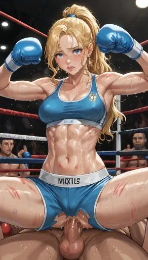 best quality, boxing girl with long blonde hair in a ponytail, athletic build, medium breasts, ripped blue sports bra and blue boxing trunks, (marks on body, marks on tits), (pile driver anal), boxing ring, humiliated, tears