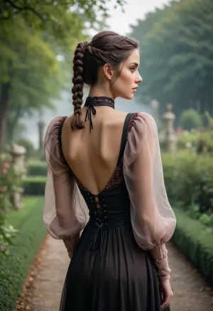 (Semi-realistic), (Artistic), coquettish women, long hair, brunette hair, brown eyes, looking at the viewer, parted lips, blushing, hair over one eye, braided ponytail, from behind, looking back, dramatic pose, elegant black dress, Juliet sleeves, puff sleeves, neckline, luxurious fabric, graceful posture, intricate details, vivid colors, atmospheric atmosphere, detailed expression, captivating presence, atmospheric depth, elegant clothing. English garden, shrouded in soul aura and decay fog, Three levels. shallow depth of field, maximum aperture