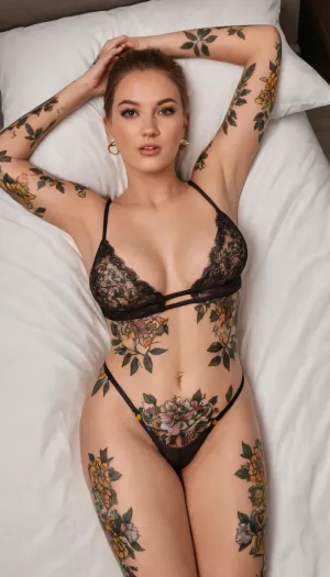 Top-down close-up view of a highly detailed, (body covered in tattoos:1.8), hyper-realistic woman lying on a bed with white sheets, wearing sheer black lace lingerie bodysuit with intricate floral patterns and open crotch design, thin black straps crossing the hips and abdomen, gold hardware accents, massive extremely voluptuous breasts overflowing the black lace bra cups with scalloped edges, deep cleavage, toned abdomen with subtle navel piercing, thick wide hips and thighs, glossy skin texture with natural shadows, real skin, no face visible, cropped from pelvis to upper chest, horizontal composition, soft bedroom lighting, ultra-detailed, masterpiece, best quality, 8k, photorealistic