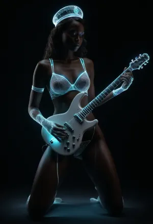 Create a hyper-realistic, highly detailed image of a confident, A 25-year-old Congolese nurse playing a guitar with, (perfect guitar playing posture:1.4), (ultra-dark skin:1.8), and a slender figure, (She wears a white glowing nurse cap:1.2), (white glowing silicone gloves:1.4), and, (an elegant white glowing lingerie:1.3), (plays a bright white glowing white electric guitar:1.7), (highly detailed rendered white glowing white electric guitar:1.7), and she directs a gentle smile towards the viewer, (wearing futuristic neon bright white glowing lingerie:1.7), The lingerie consists of separate pieces, like a delicate white glowing bra and matching white glowing G-string, (adorned with intricate white glowing straps and bondage-inspired elements:1.5), (white glowing G-string:1.4), (white glowing coarse-mesh nylon stockings:1.5), (The bright white glowing fabric is silky and translucent:1.2), (glowing with vibrant neon light:1.5), highlighting the skin beneath. The woman exudes strength and confidence, with a commanding presence and a hint of aloofness. Complement the look with a chunky, futuristic white glowing choker and a coarse, white glowing fishnet pantyhose, adding an edgy, slightly provocative touch. Emphasize the luminous glow of the fabric and the realistic texture of the skin, creating a visually stunning and powerful imagem, (maximum detail), (super realistic photo:1.4), DonMSp3ctr4lXL, holotech, <lora:DonMSp3ctr4lXL-000008:1.6>, <lora:dark:.9>, <lora:detailed_notrigger:1.9>, <lora:Holotech:1.8>