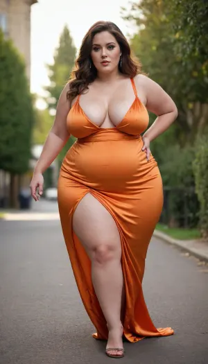 short chubby plump curvy pear shaped type woman, huge chested saggy brests, huge long puffy erect nipples, thick thighs, big hips, tiny waist, wearing a orange satin maxi dress, full body image