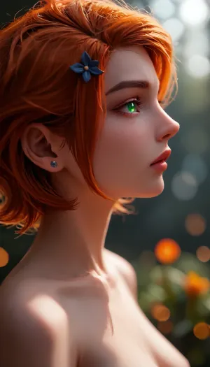 ziprealism, 28 year old nymph, (avant-garde fashion esthetic, professional portrait, shot in profile), (f/2.8, f2.8, f28, (shallow depth of field), , , soft bokeh, closeup, focus on eyes:1.4), (orange hair with dark roots, short hair, swept-back hairstyle, flowers in hair), (catchlights, limbal rings, large expressive eyes, stunning green eyes, long delicate eyelashes, perfect eyes), (full lips, soft lips, soft facial features), (white waterline eyeliner, doe-eye makeup), (adoration, loving gaze, in love), (flawless porcelain skin), igbaddie, topless, sagging bombshell breasts, (/Ben10), /, (ultra, HD, quality, details), (green, eyes), gwen, tennyson, bright, orange, hair, short, <lora:MJ52:.8>, <lora:igbaddie-XL:.4>, <lora:Gwen Tennyson (Ben10) - XL SCXL V1.0:.8>