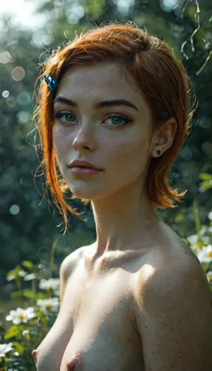 ziprealism, 28 year old girl, (avant-garde fashion esthetic, professional portrait, shot in profile), (f/2.8, f2.8, f28, (shallow depth of field), , , soft bokeh, facial closeup, focus on eyes:1.4), (orange hair with dark roots, short hair, swept-back hairstyle, flowers in hair), (catchlights, limbal rings, large expressive eyes, stunning green eyes, long delicate eyelashes, perfect eyes), (full lips, soft lips, soft facial features), (white waterline eyeliner, doe-eye makeup), (adoration, loving gaze, in love), (flawless porcelain skin), igbaddie, topless, (/Ben10), /, (ultra, HD, quality, details), (green, eyes), gwen, tennyson, bright, orange, hair, short, <lora:MJ52:.8>, <lora:igbaddie-XL:.4>, <lora:Gwen Tennyson (Ben10) - XL SCXL V1.0:.8>