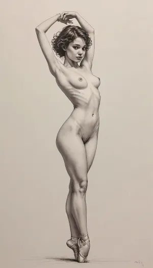 detailed pencil drawing with clean lines and meticulous shading, Naked Ballerina, sidelight, short curly brown hair, simple background, erotic, hot, sexy, performing a pirouette, blurry background, 1girl, after sex pussy, front view, тlineart, (((monochrome))), blurry white background, drawing, by, NTY, jsbw, style, v0ng44g, sk3tch, .8>, <lora:JasmineBWXLDoguMini:.7>, <lora:sketch_it:1.4>