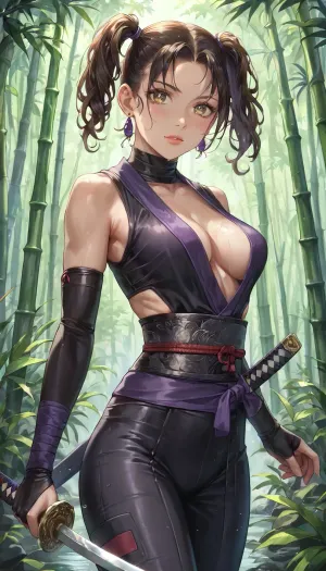 best quality, ninja girl with short brown hair in pigtails, athletic build, medium breasts, purple and black ninja costume, holding a katana, bamboo forest