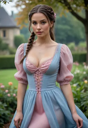 (Semi-realistic), (Artistic), coquettish women, long hair, brunette hair, brown eyes, looking at the viewer, parted lips, blushing, hair over one eye, braided ponytail, dramatic pose, elegant pink and blue dress with a low cut scoop neckline, (cleavage), decollete, Juliet sleeves, puff sleeves, neckline, luxurious fabric, graceful posture, intricate details, vivid colors, atmospheric atmosphere, detailed expression, captivating presence, atmospheric depth, elegant clothing. English garden, shrouded in soul aura and decay fog, Three levels. shallow depth of field, close up photograph, maximum aperture