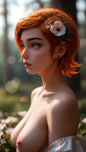 ziprealism, 28 year old nymph, (avant-garde fashion esthetic, professional portrait, shot in profile), (f/2.8, f2.8, f28, (shallow depth of field), , , soft bokeh, closeup, focus on eyes:1.4), (orange hair with dark roots, short hair, swept-back hairstyle, flowers in hair), fat, chubby, massive, overweight, (catchlights, limbal rings, large expressive eyes, stunning green eyes, long delicate eyelashes, perfect eyes), (full lips, soft lips, soft facial features), (white waterline eyeliner, doe-eye makeup), (adoration, loving gaze, in love), (flawless porcelain skin), igbaddie, topless, sagging bombshell breasts, (/Ben10), /, (ultra, HD, quality, details), (green, eyes), gwen, tennyson, bright, orange, hair, short, <lora:MJ52:.8>, <lora:igbaddie-XL:.4>, <lora:Gwen Tennyson (Ben10) - XL SCXL V1.0:.8>