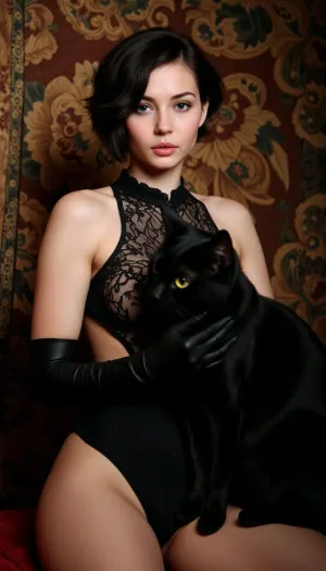 (masterpiece), (best quality), (extremely detailed CG Unity 8k wallpaper), ((photorealistic)), (cinematic lighting), (dark fantasy art), portrait of a beautiful woman with, ((short black tousled hair)), (emerald green eyes), full lips, piercing gaze, dressed in a richly decorated black lace dress with open shoulders and long black gloves, posing with a sleek, huge black cat with bright yellow eyes sitting next to her, close-up, against the backdrop of a rich tapestry with intricate details, a gloomy atmosphere, subtle glow, voluminous light, depth of field
