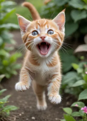 cute ginger kitten jumping in the garden, ultra realistic, view from above, mouth open, (cat mother is behind the kitten, blurry:1.3)