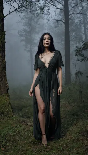 adult woman wandering through a dark, ominous forest at night, long jet-black hair, voluminous and messy, flowing wildly around her face. She looks frightened and vulnerable, wearing a torn and tattered dress clinging to her body, subtly revealing her silhouette. Moody lighting, deep shadows, mist between the trees, eerie atmosphere, dark fantasy, cinematic composition, ultra-detailed, high realism.
