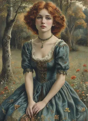 woman, 30 years old, long fluffy dress, (small body size:1.3), full body, knees apart, Jean, Delville, style, of, Michael, Cheval, (sits:1.1), (knees are visible:1.7), victorianstyle, <lora:tbh140-sdxl:.6>, <lora:tbh129-sdxl:.9>, <lora:victoriansxl_v1:.8>