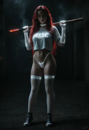 Create a hyper-realistic, highly detailed image, full body view of a confident, single 25 years old baseball player with skinny figure and, (pale skin:1.3), cute firm figure, (stands in perfect heroic posture with the bot over her shoulder:1.6), she wears, (a white glowing baseball cap:1.2), and, (an ultra-short white baseball shirt with glowing branding:1.4), (highly detailed rendered hands:1.5), (highly detailed rendered Baseball bat:1.5), (long red hair:1.3), the short shirt matching with white glowing G-string, (white glowing G-string:1.4), (white glowing coarse-mesh nylon stockings:1.5), (The bright white glowing fabric is silky and translucent:1.2), (glowing with vibrant neon light:1.5), highlighting the skin beneath, (white glowing Converse:1.5), The woman exudes strength and confidence, with a commanding presence and a hint of aloofness. Complement the look with a chunky, futuristic white glowing choker and a coarse, white glowing fishnet pantyhose, adding an edgy, slightly provocative touch. Emphasize the luminous glow of the fabric and the realistic texture of the skin, creating a visually stunning and powerful imagem, in the far and blurred background severel houses ar burning, (much fire and smoke above the burning houses:1.5), (maximum detail), (super realistic photo:1.4), DonMSp3ctr4lXL, <lora:DonMSp3ctr4lXL-000008:1.1>, <lora:dark:1.9>, <lora:detailed_notrigger:1.4>, <lora:pouring_rain_XL:2>, <lora:photorealistic_portrait_notrigger:.8>