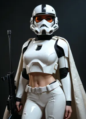 score_9, score_8_up, score_7_up, daisy ridley as a sexy imperial stormtrooper, provocative pose, form-fitting white imperial armor modified to be revealing, tight bodysuit with cutouts exposing cleavage, midriff and hips, shiny plastoid texture, black imperial officer cape draped seductively over shoulders, holding blaster rifle in one hand resting on hip, seductive smirk, intense gaze at viewer, detailed face, beautiful eyes, full lips, long dark hair partially visible under helmet, helmet with visor up or removed, dramatic sci-fi lighting, dark background with death star corridor, highly detailed, cinematic, realistic skin texture, nsfw, erotic pose, teasing expression