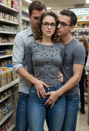 boy fingering girl on crotch at a market place, ((24 yo woman, light-skinned, with short brown curly hair and rectangular glasses with black rim. Cross-eyed. She has a friendly expression. She is wearing a gray patterned shirt and dark-wash blue jeans, her hands are behind her back)), (unzipped jeans), realistic skin, skin pores freckles moles blemishes wrinkles, <lora:add-detail-xl:1.4>