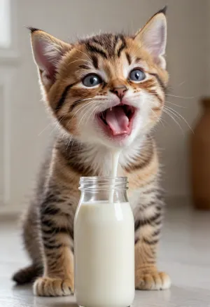 kitten trying to lip milk, kitten meowing loudly, open mouth, milk in a big bottle, ((closed eyes))