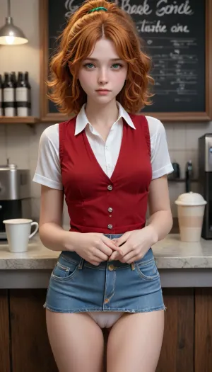 young woman, sweet and shy, perfect body and face, long curly vibrant orange hair, ponytail, (freckles:1.5), green eyes, wearing white transparent blouse unbuttoned, short denim skirt, white panties, (cameltoe:1.5), barista in a coffee shop, braless, Wearing, clothes, that, make, sense, with, Braless>, <lora:bralessSDXL_v1_00022:2>