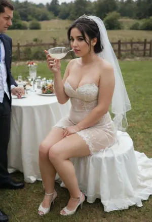 wedding toasting, crowded guests, lawn wedding, The happy chubby Korean bride in sexy wedding dress, black hair, sitting beside a table, a black man standing by, big black cock, full body view, slim body, lean body, slender body, (drinking sperm from transparent glass), (there is glossy and sticky and glossy sperm in glass), goblet full of sperm, cum swallowing, ((gokkun)), cum dripping from the corners of her lips, The woman raises the glass toasting with guests., bridal, wedding, girl, spitbubbles, littlebubbles, spitstring, lewaru, leaning, against, with, one, arm, up, both, arms, <lora:Bridal_XL:.5>, <lora:sl_sila:1.2>, <lora:Spitbubbles:.5>, <lora:LeanWithArmUp.1.0:1.7>