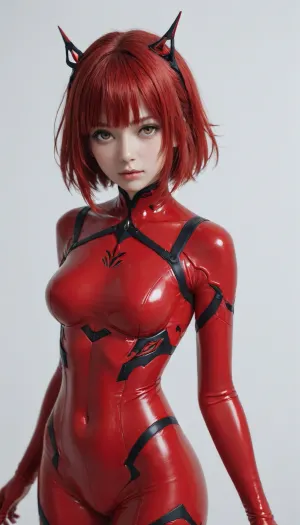 Murata Himeko\, (Scarlet Fusion\), honkai 3rd, anime, murata himeko, 1girl, solo, red hair, white background, simple background, breasts, bangs, bodysuit, closed mouth, yellow eyes, glowing, red bodysuit, <lora:honkai_3rd_himeko:.7>