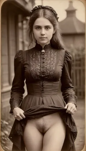 romanian girl in victorian dress, (19 years old:1.6), (long dress:1.1), p, (She lifted the edge of her dress high so that her hairy pubis is visible:1.3), (the underpants are pulled down to the knees:1.2), (pussy is visible:1.5), (pubic hair:1.5), outdoor, ((19th century vintage Victorian photography:1.5), tintype, dry plate, grainy, real, (facing camera:1.2)), skirtlift, <lora:skirtlift_xl:.5>, flash photo, <lora:Penis_XL:.5>