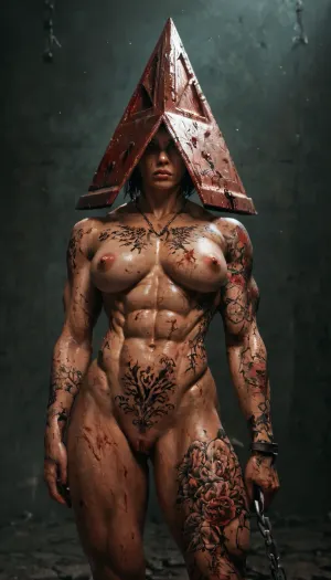(Body covered in tattoos:1.8), (horse pussy:1.1), silent hill style, pyramid head, chainsaw, bloody, 1girl, muscular woman, chains, weapon, <lora:silent_hill_xl:1>