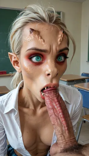 (classroom), (worried, scared), 29yo super fit woman, (possessed by a dragon curse, transforming into a scaly anthro dragon woman:1.3), (dragon pupils), (sucking cock), (pointed ears, dragon fangs), scaly ears, <lora:SG2:.8>, (teal eye shadow), (white top), (tail), being fucked, wearing a skirt, her skirt, x, morphing, into, y, <lora:SDXL1.0-LoRa_Zeitgeist-Morphing-Concept_by-AI_Characters-v1.0:.8>, anthro, feral, <lora:SDXL_Human_Male_Furry_Female:.8>