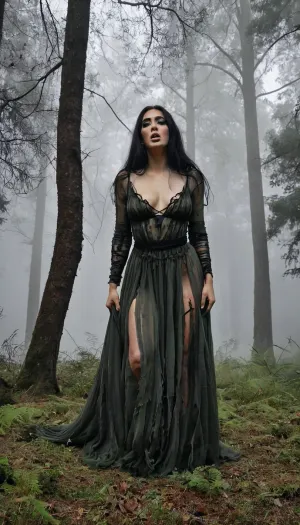 An adult woman in a shadowy forest, surrounded by ancient trees and thick fog. Her jet-black hair is long, wild, and unkempt, her torn dress hanging in ragged strips, suggestive but not explicit. She appears scared and lost, dark sensual horror vibe, dramatic contrasts, painterly style, dark fantasy illustration.