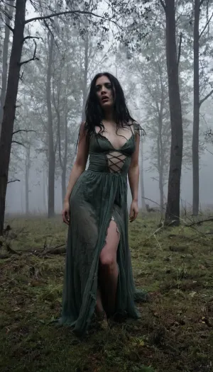 adult woman wandering through a dark, ominous forest at night, long jet-black hair, voluminous and messy, flowing wildly around her face. She looks frightened and vulnerable, wearing a torn and tattered dress clinging to her body, subtly revealing her silhouette. Moody lighting, deep shadows, mist between the trees, eerie atmosphere, dark fantasy, cinematic composition, ultra-detailed, high realism.