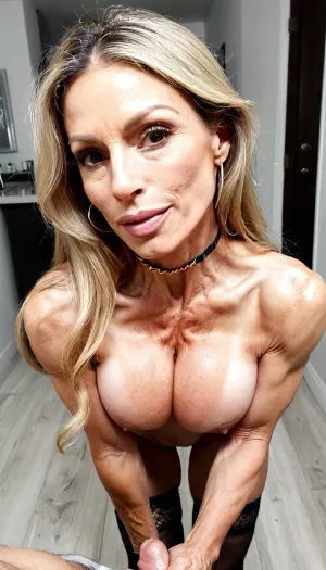 Onlyfans bts, Beautiful MILF, portrait, cleavage, loving seducing me, happy, sexy, hand on my cock pov? slutty, at my condo front door, very closeups, standing posing like a model, choker, looking at me, very skinny, no fat, stockings, flexing, nice eyes, beautiful, old skin, thick lips, thick eyebrows, gold jewelry and earrings, rich mom, super beautiful muscle 59yo Puerto Rican dirty blonde, tattoos, long hair, large muscles, very fit, nice photo, 4ng3l, face, <lora:ThePitXL:.8>, <lora:SDXL_BetterFaces-LoRA_v1:.8>, <lora:DetailedEyes_V3:.8>