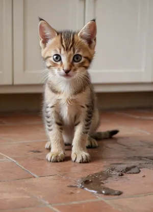 (small muddy kitten dirtying the tiled kitchen floor:1.8), (its mother cat scolding it:1.3), (mother cat is on the left and seems angry), (the kitten is ashamed and looks down at the floor and the muddy footprints:1.7), muddy footprints on the tiles