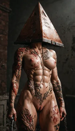 (Body covered in tattoos:1.8), (horse pussy:1.1), silent hill style, pyramid head, chainsaw, bloody, 1girl, muscular woman, chains, weapon, <lora:silent_hill_xl:1>