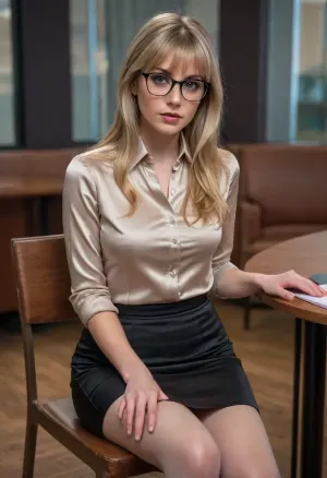 27 year old, woman, blond, long hair, bangs hairstyle, glasses, pencil skirt, satin blouse, tights, legs spread, sitting