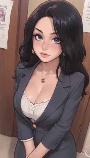 (((Melkor mancin style))), reiq style, solo, pretty, UHD, 1woman, long hair, black hair, ((milf)), view from above, tight secretary costume, very deep cleavage, fake big tits, ratatatat74, <lora:cartoon_stickers_xl_v1:.9>, <lora:ratatatat74-000050:1.5>, <lora:AshMilkshake_Illustrious_v1:1.7>, <lora:mk_Bp Anime_xl:1.6>, <lora:焦茶_XL:2>