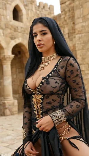 Uber realistic, 8k, ultra detailed, masterpiece, Erotic historical scene. Hyper realistic, (an Arab queen, submissive, wearing, (torn medieval royal dress)), outdoor, Arab desert, (firm breasts), medieval castle in background, (surrounded by European crusader knights), High, Resolution, More, Details, 8K, but, <lora:add-detail-xl:.8>, <lora:MJ52:.8>, <lora:BUT_SDXL_SHS:.3>