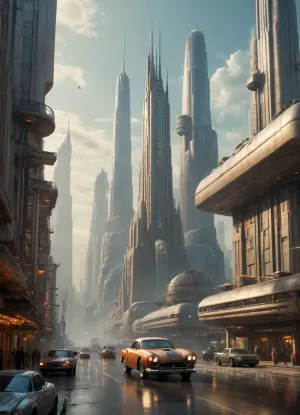 A huge futuristic metropolis, giant skyscrapers made of glass and concrete, with cars of various shapes and sizes flying between them., SteamPunk, <lora:JJsSteamPunk_XL:.8>, Art, by, Boris, Vallejo, Style, <lora:Fantasy_art_XL_V1:.8>