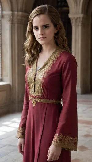 NSFW, ""Hyper-realistic cinematic portrait of Emma Watson as Hermione Granger, wearing a luxurious traditional Pakistani Shalwar Kameez in deep Gryffindor crimson and gold. The fabric is premium silk with intricate gold zardozi embroidery and a small, elegant Gryffindor crest on the chest. She is wearing heavy gold Jhumka earrings and holding a wooden wand carved with Islamic geometric patterns. Standing in a majestic Mughal-style library with marble arches, sunlight streaming through latice windows. Voluminous curly hair, 8k resolution, masterpiece, highly detailed skin texture, sharp focus, ohwx, woman, Emma, Watson, Hermione, Granger, <lora:watson_lora_v2_128:2>, <lora:emma-watson-biglust16-bd:1.6>
